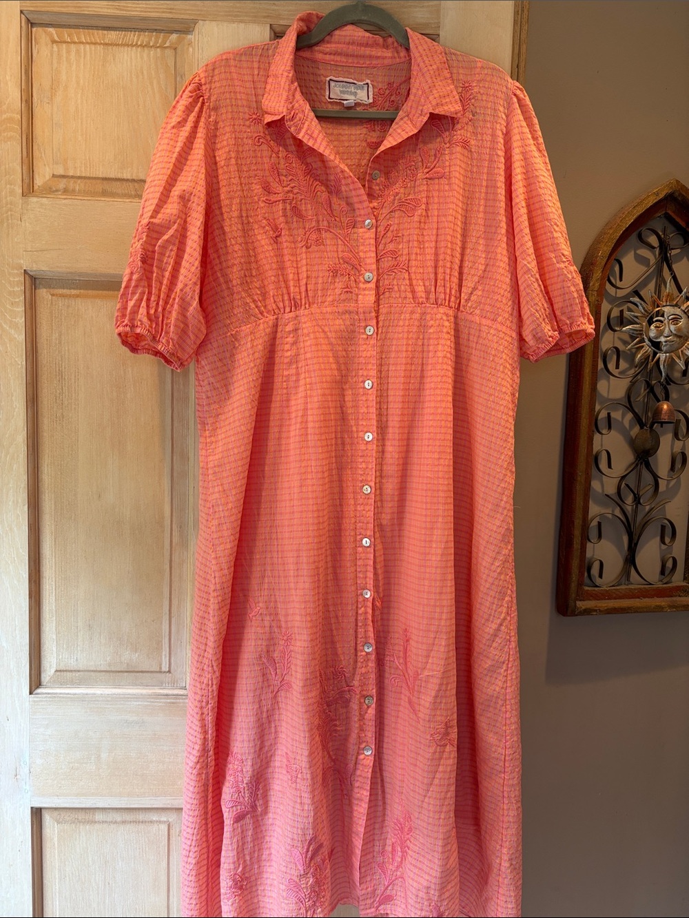 Johnny Was Orla Coral and Pink Plaid Puff-Sleeve Embroidered Dress Size L